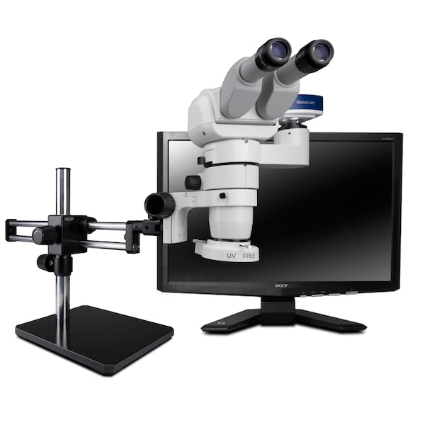 0 Deg.-45 Deg. Head Stereo Zoom Microscope, LED Ring, Camera On Dual Arm Stand
